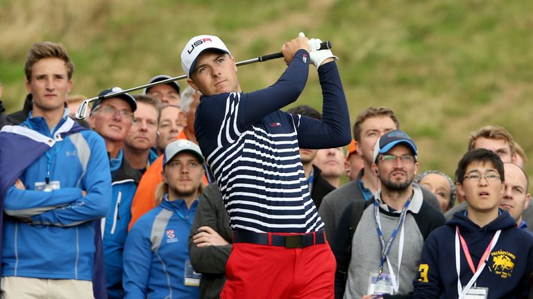AUCHTERARDER, SCOTLAND - SEPTEMBER 28: Jordan Spieth of the United States hits his second shot on the 2nd hole during the Singles Matches of the 2014 Ryder