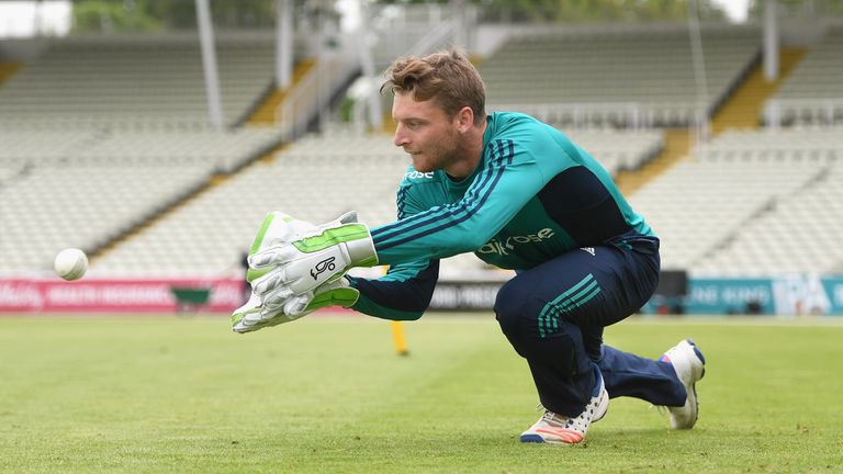 BIRMINGHAM, ENGLAND - JUNE 23:  Jos Buttler of England takes part in a wicketkeeping drill during a nets session at Edgbaston on June 23, 2016 in Birmingha
