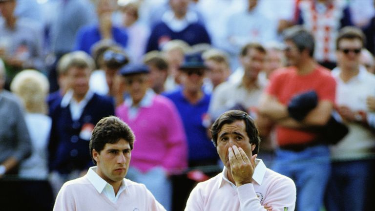 Spanish golfers Jose Maria Olazabal (left) and Severiano Ballesteros at the Ryder Cup matches at Muirfield Village, Ohio, 25th September 1987. The European