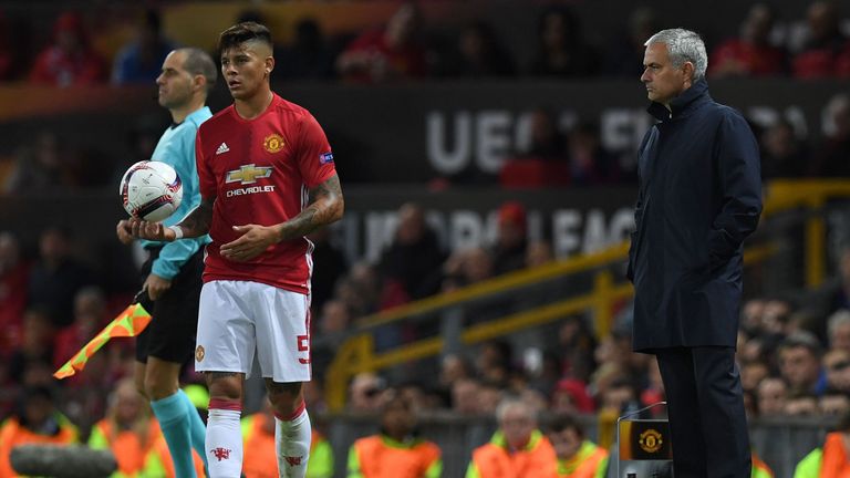 Manchester United's manager Jose Mourinho watches as defender Marcos Rojo prepares to take a throw-in against Zorya Luhansk in the Europa League