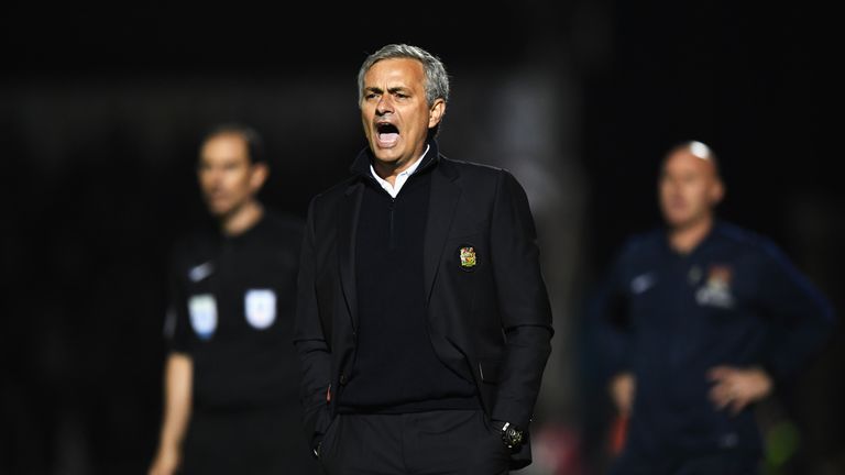 NORTHAMPTON, ENGLAND - SEPTEMBER 21: Jose Mourinho, Manager of Manchester United reacts  during the  EFL Cup Third Round match between Northampton Town and