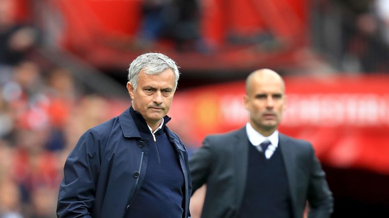 Jose Mourinho and Pep Guardiola on the touchline during the Manchester derby