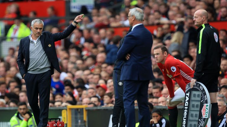 Manchester United manager Jose Mourinho points as Wayne Rooney waits to come on