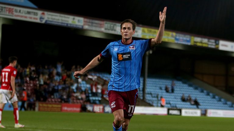 Scunthorpe United's Josh Morris celebrates after scoring from the penalty spot 