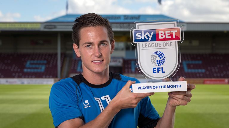 Josh Morris of Scunthorpe with the Sky Bet League One Player of the Month award