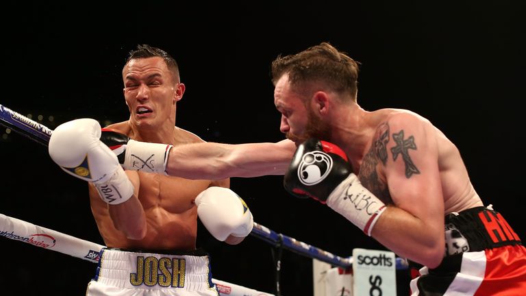 LEEDS, ENGLAND - JULY 30:  Josh Warrington(L) in action against Patrick Hyland for the WBC International Featherweight Championship fight at First Direct A