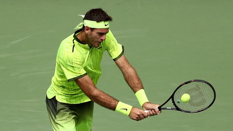 NEW YORK, NY - SEPTEMBER 05:  Juan Martin del Potro of Argentina returns a shot to Dominic Thiem of Austria during his fourth round Men's Singles match on 