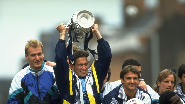 May 1991:  Eric Thorstvedt, Justin Edinburgh, Gary Mabbutt and Paul Walsh of Tottenham Hotspur celebrate after winning the FA Cup Final at Wembley