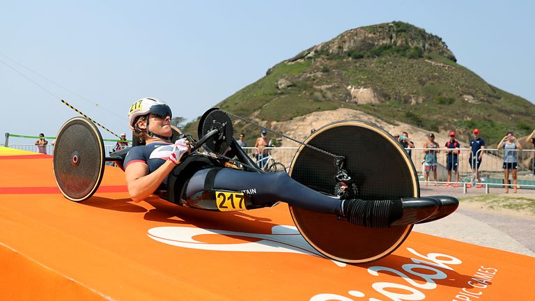 Great Britain's Karen Darke competes in the Women's Time Trial H1-2-3 held at Pontal during the seventh day of the 2016 Rio Paralympic Games in Rio de Jane