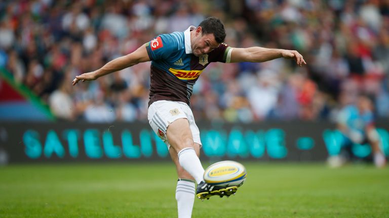 Karl Dickson of Harlequins kicks for touch during the Aviva Premiership match between Harlequins and Saracens at Twickenham Stoop