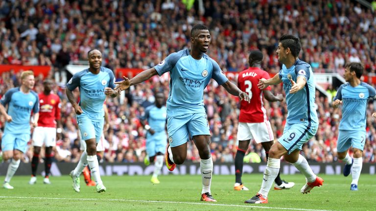 Kelechi Iheanacho (C) celebrates scoring Manchester City's second goal