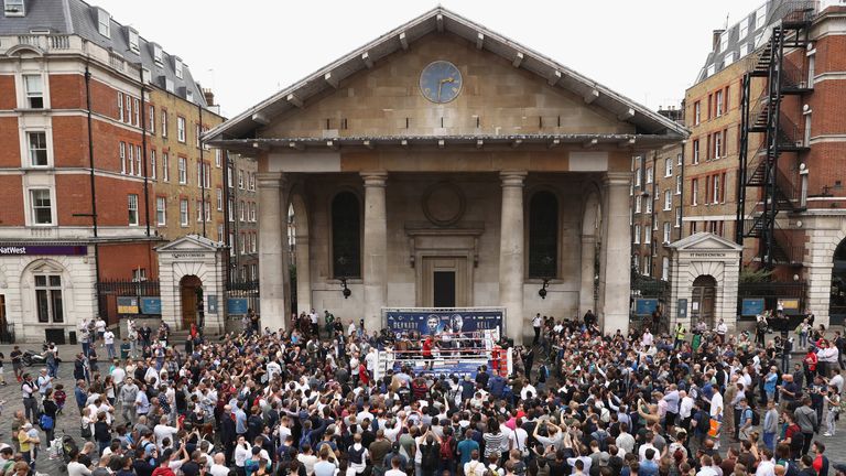 Kell Brook takes part in a public workout, ahead of his fight against Gennady Golovkin, in Covent Garden 