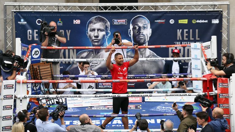 Kell Brook takes part in a public workout, ahead of his fight against Gennady Golovkin, in Covent Garden 