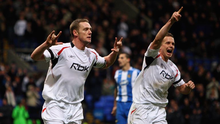 Kevin Nolan [left] and Kevin Davies [right] celebrate for Bolton