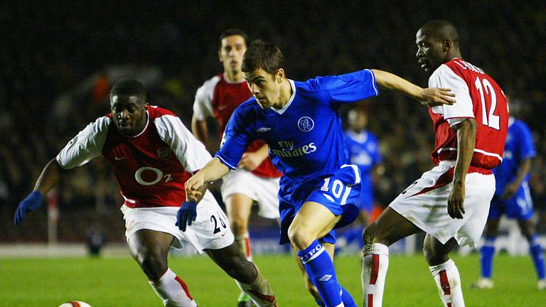 Kolo Toure and Lauren in action with Chelsea's Joe Cole during the 2003/04 season