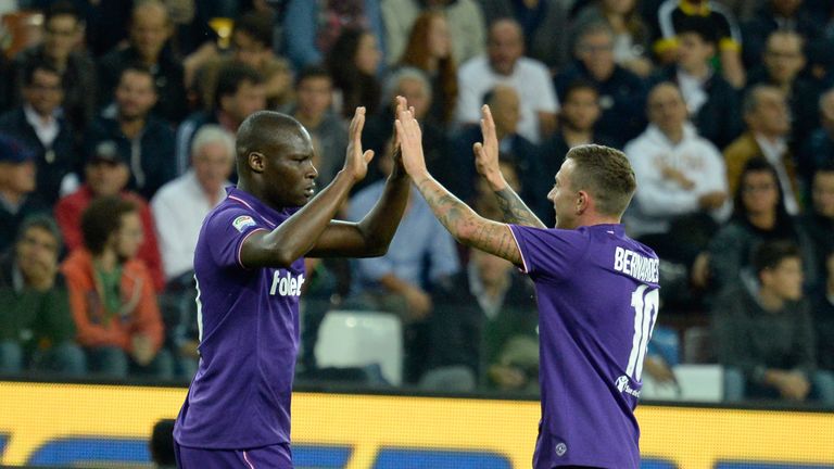 UDINE, ITALY - SEPTEMBER 21:  Khouma Babacar (L) of of ACF Fiorentina celebrates after scoring his team's first goal during the Serie A match between Udine