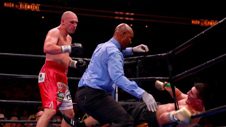 Marco Huck nearly falls out of the ring during his bout with Krzysztof Glowacki 