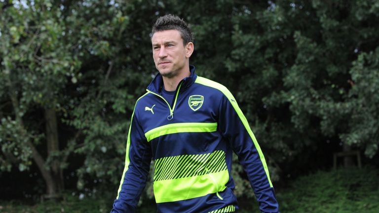 Laurent Koscielny of Arsenal during a training session at London Colney on September 12, 2016 in St Albans, England