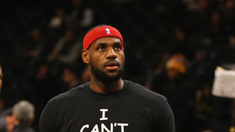 NEW YORK, NY - DECEMBER 08:  LeBron James #23 of the Cleveland Cavaliers wears an "I Can't Breathe" shirt during warmups before his game against the Brookl