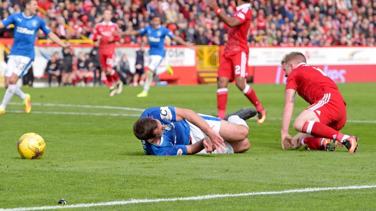 Rangers' Lee Wallace wins a penalty after drawing a foul from Jonny Hayes
