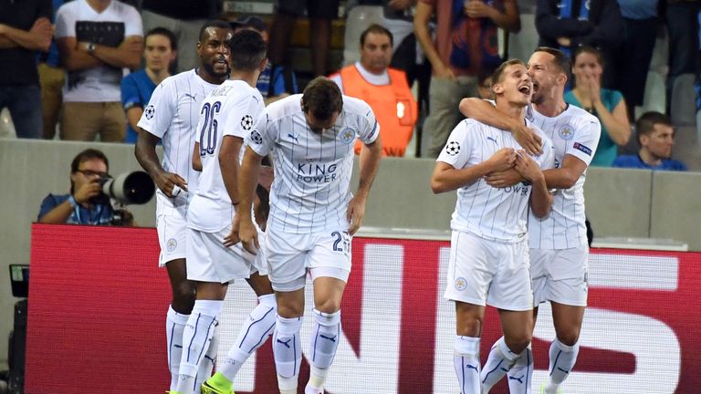 Leicester's Marc Albrighton celebrates after scoring against Club Brugge