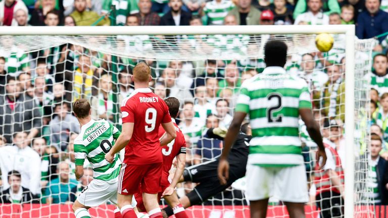 Leigh Griffiths scores his seventh goal of the season against title challengers Aberdeen