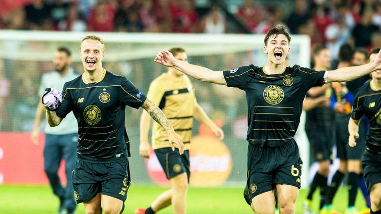 Leigh Griffths (left) and Kieran Tierney celkebrate as Celtic secure Champions League football