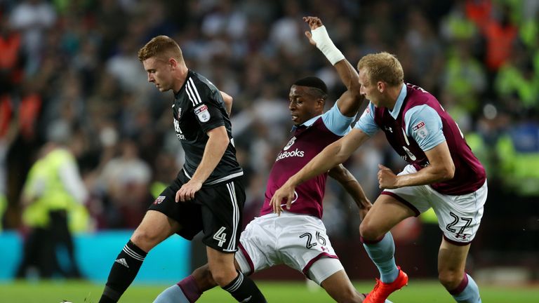 Brentford's Lewis Macleod is tackled by Aston Villa's Jonathan Kodjia