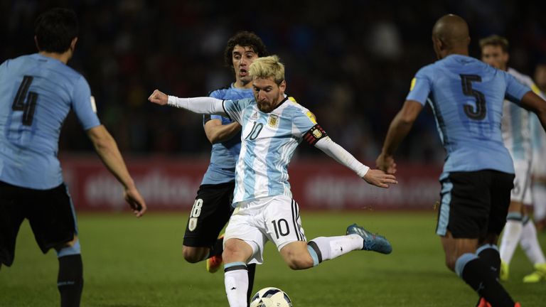 Argentina's Lionel Messi shoots to score against Uruguay during the FIFA World Cup 2018 qualifier football match between Argentina and Uruguay in Mendoza, 