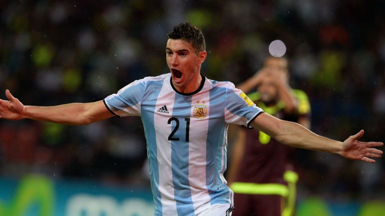 Argentina's Lucas Alario celebrates after a teammate scored against Venezuela 