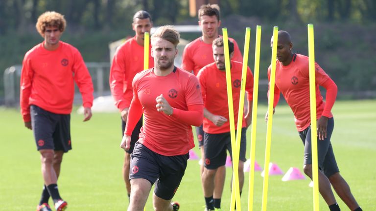 Luke Shaw of Manchester United in action during a training session at Aon Training Complex on September 14