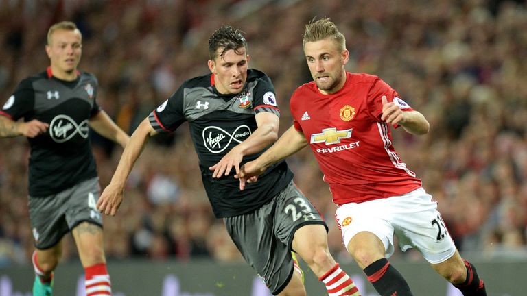 Luke Shaw (R) vies for possession with Pierre-Emile Hojbjerg