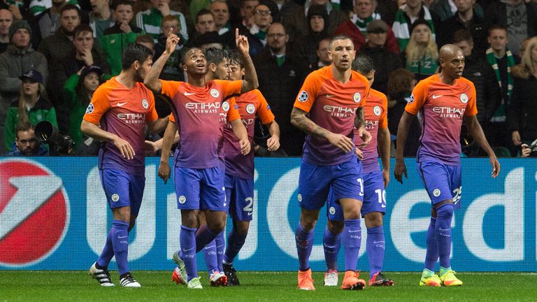 Manchester City's Raheem Sterling (2nd from left) celebrates his goal