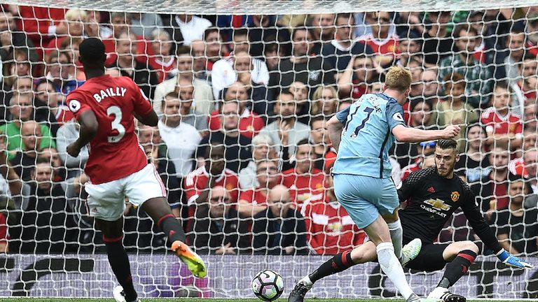Kevin De Bruyne (2nd R) slots the ball past David de Gea to score the opening goal of the game