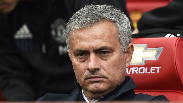 Jose Mourinho awaits kick off in the Manchester Derby at Old Trafford