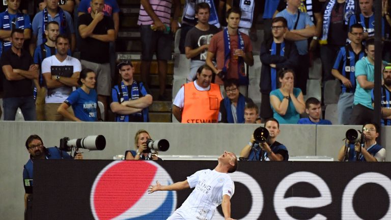 Leicester's Marc Albrighton jubilates after scoring against Club Brugge