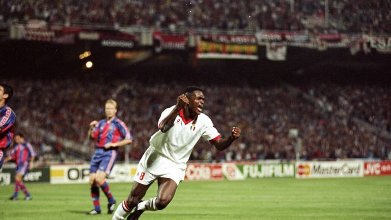 18 May 1994:  Marcel Desailly of AC Milan celebrates after scoring during the European Cup final against Barcelona at the Olympic Stadium in Athens