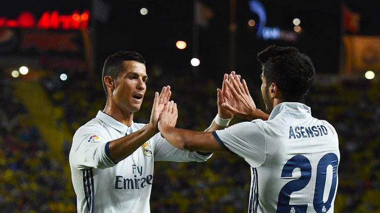 Marco Asensio (R) of Real Madrid CF celebrates with his team-mate Cristiano Ronaldo after scoring his team's first goal v Las Palmas