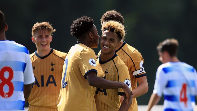 WOKINGHAM, ENGLAND - AUGUST 22:  Marcus Edwards of Tottenham celebrates with team mates after scoring his teams second goal of the game during the Premier 