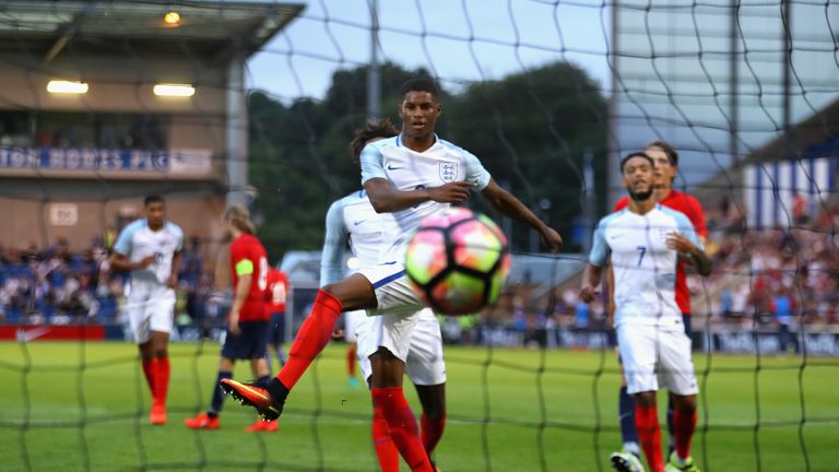 COLCHESTER, ENGLAND - SEPTEMBER 06:  Marcus Rashford of England celebrates after scoring his hatrick from a penalty during the European Under 21 Qualifier 