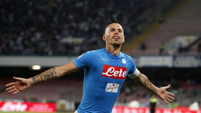 NAPLES, ITALY - SEPTEMBER 24: Marek Hamsik of Napoli celebrates after scoring goal 2-0 during the Serie A match between SSC Napoli and AC ChievoVerona at S
