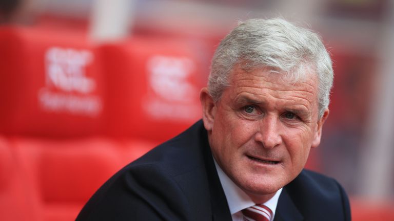 STOKE ON TRENT, ENGLAND - SEPTEMBER 24:  Mark Hughes, Manager of Stoke City looks on during the Premier League match between Stoke City and West Bromwich A
