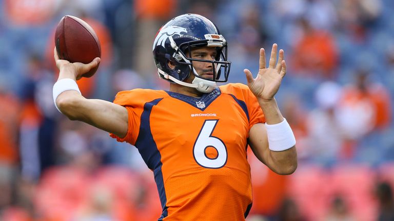 DENVER, CO - AUGUST 27:  Quarterback Mark Sanchez #6 of the Denver Broncos warms up before a game against the Los Angeles Rams at Sports Authority Field at