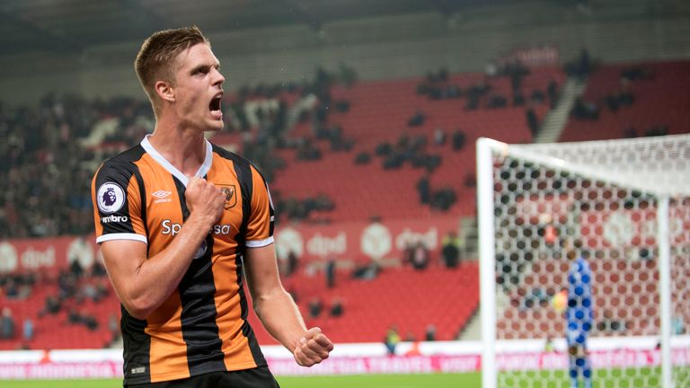 STOKE ON TRENT, ENGLAND - SEPTEMBER 21: Markus Henriksen of Hull City celebrates  during the EFL Cup Third Round match between Stoke City and Hull City at 