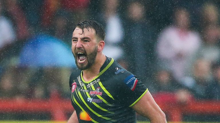 Leigh's Martyn Ridyard celebrates the win against Hull KR