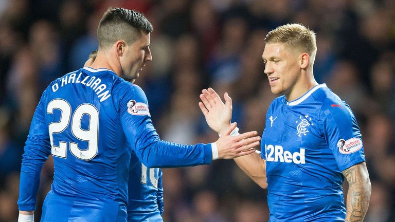 Rangers' Martyn Waghorn (right) celebrates scoring his side's third goal