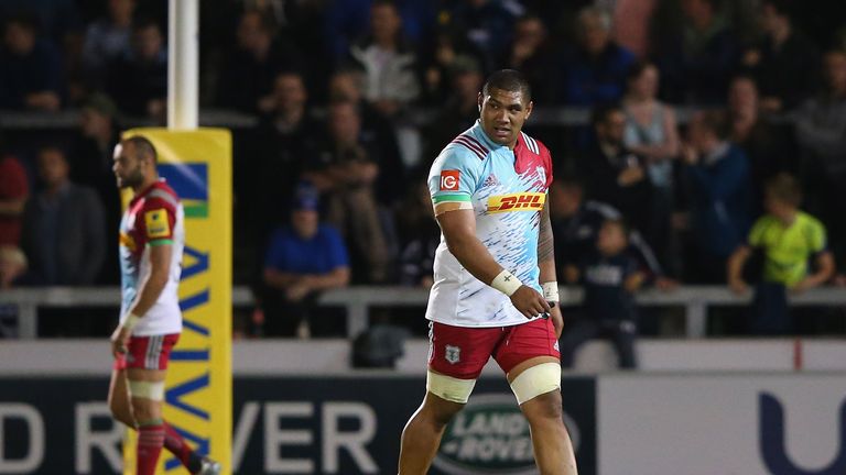 SALFORD, ENGLAND - SEPTEMBER 09:  Mat Luamanu of Harlequins is sent off during the Aviva Premiership match between Sale Sharks and Harlequins at AJ Bell St