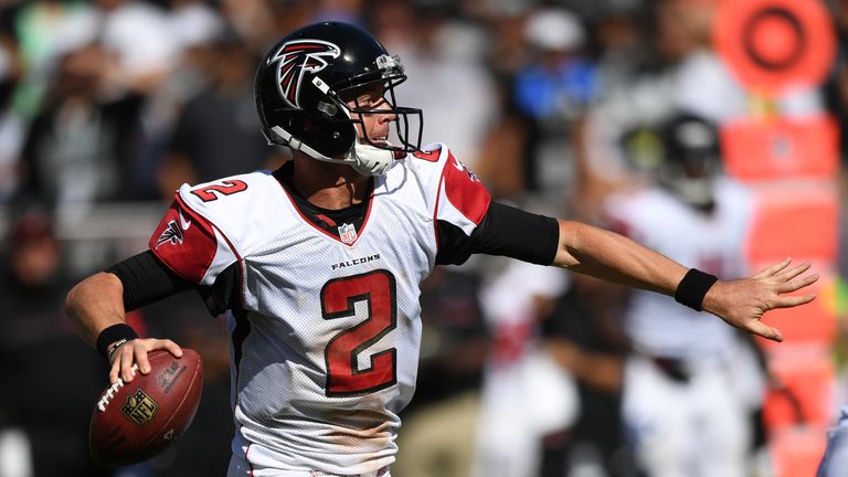 OAKLAND, CA - SEPTEMBER 18:  Matt Ryan #2 of the Atlanta Falcons looks to pass against the Oakland Raiders during their NFL game at Oakland-Alameda County 