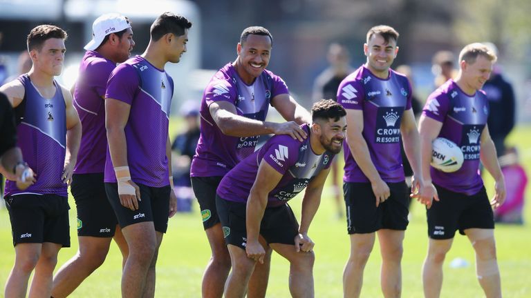 MELBOURNE, AUSTRALIA - SEPTEMBER 28: Young Tonumalpea of the Storm reacts during a Melbourne Storm NRL training session at AAMI Park on September 28, 2016 