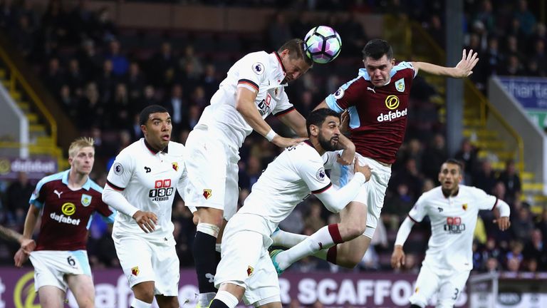 Sebastian Prodl of Watford and Michael Keane of Burnley in action during the Premier League match between Burnley and Watford